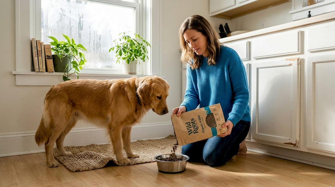 Pet owner feeding organic food to dog