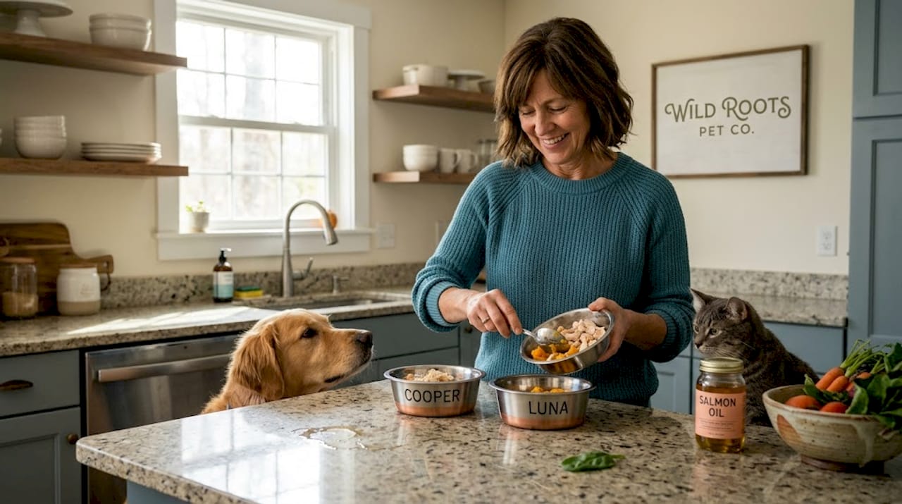 Woman preparing healthy pet food in kitchen