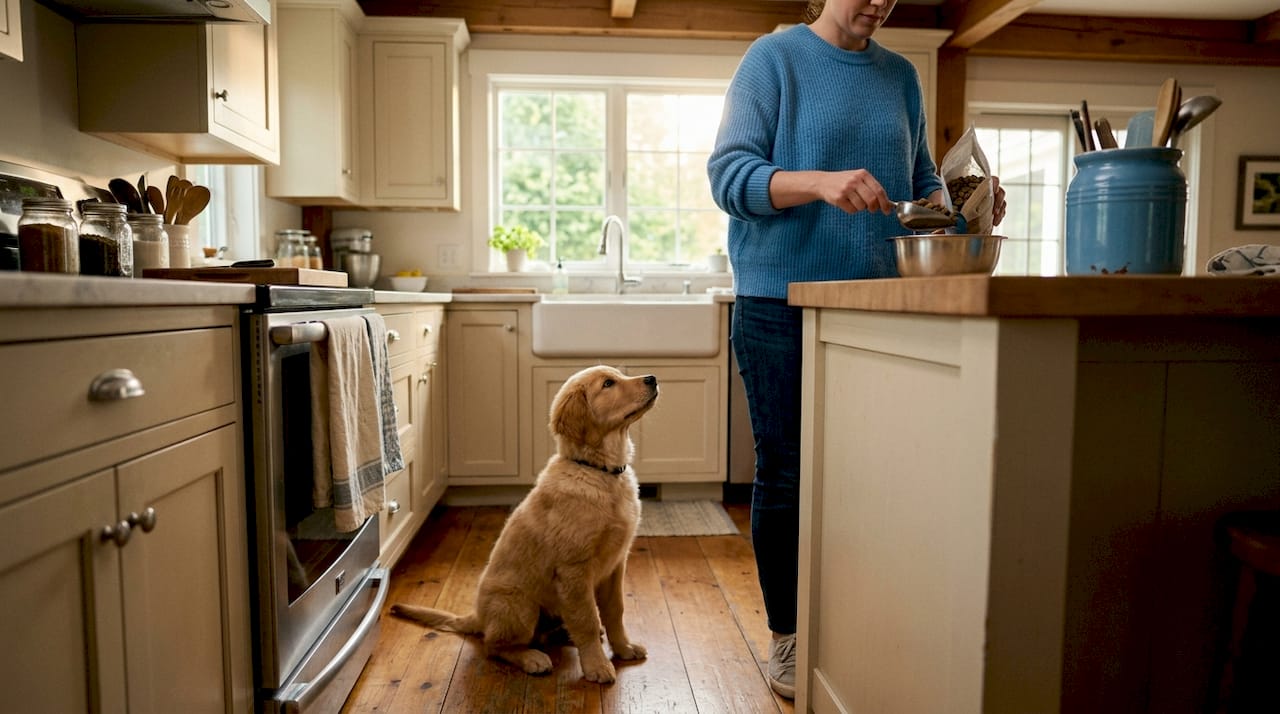 Puppy waiting at kitchen for natural meal