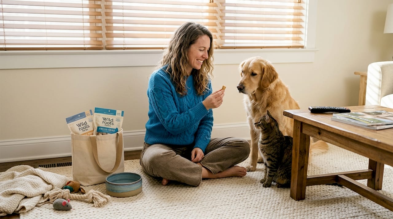 Woman offering natural treats to dog and cat
