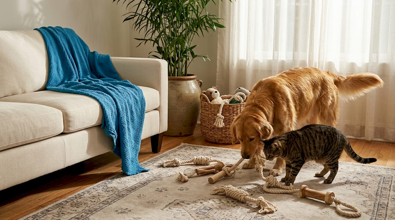 Pets playing with natural toys at home