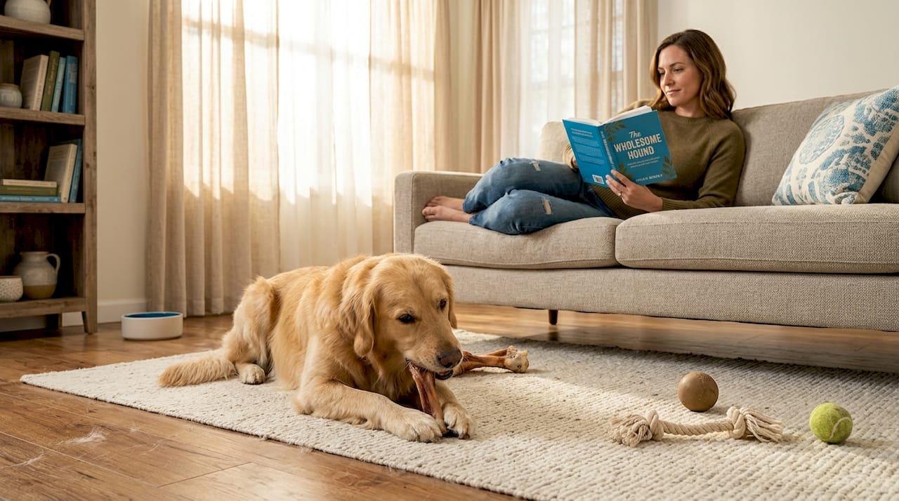Golden retriever chewing in cozy home