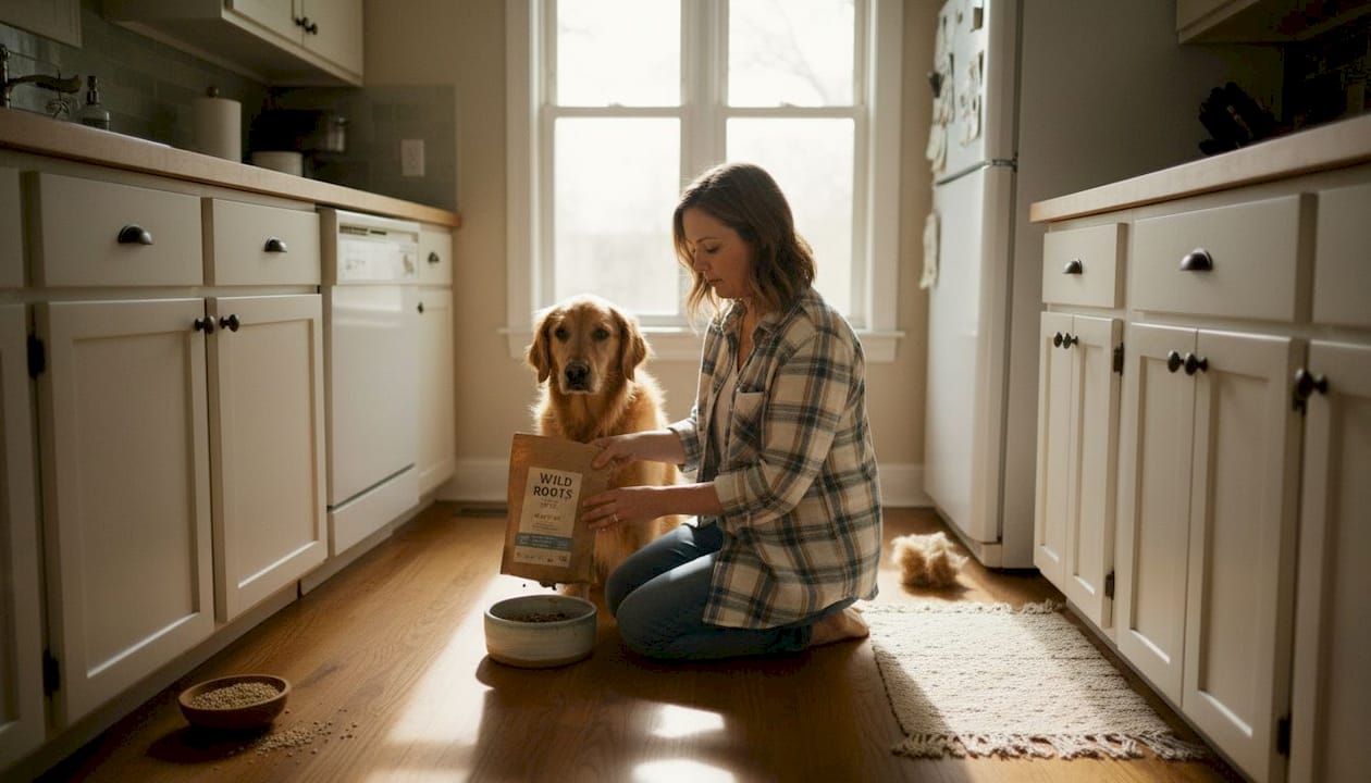 Pet owner feeding dog grain-inclusive kibble