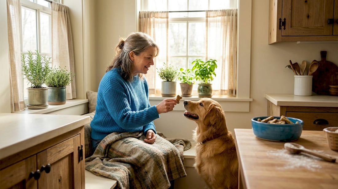 Owner giving dog a natural treat in living room