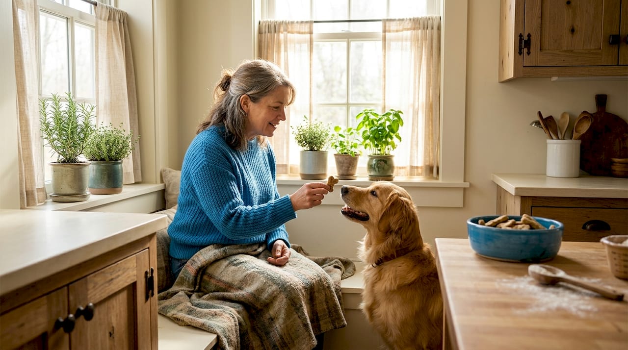 Owner giving dog a natural treat in living room