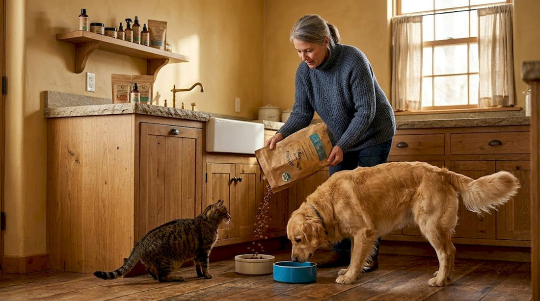 Woman preparing organic food for pets