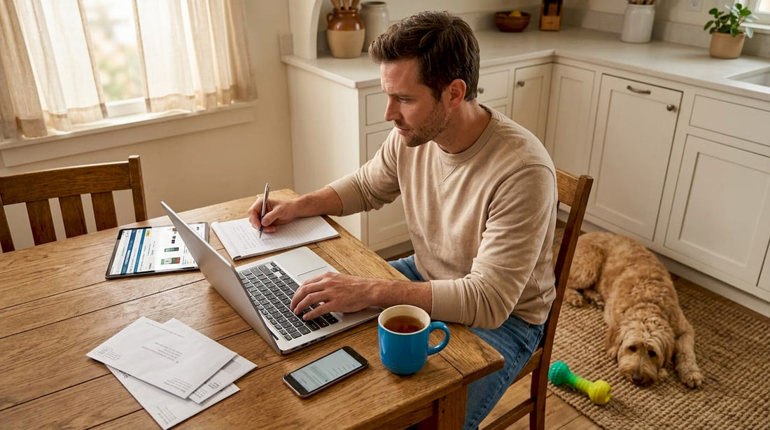Pet owner comparing pet supply websites at kitchen table