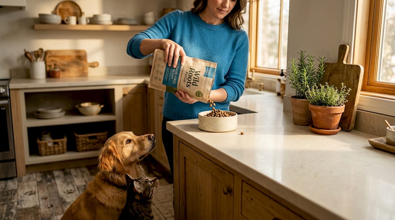 Pet owner preparing food for dog and cat