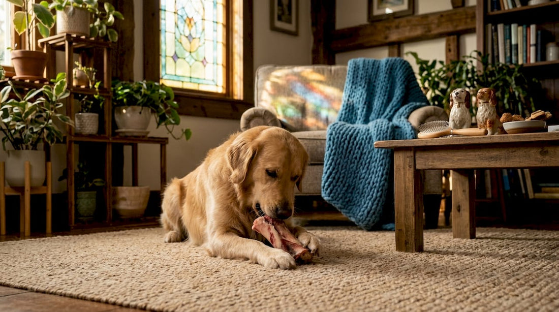 Golden retriever chewing raw bone in living room
