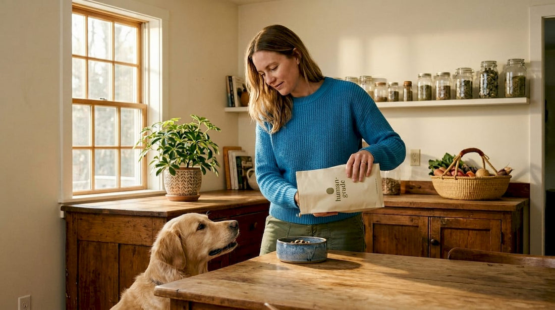 Pet owner feeds dog in home kitchen