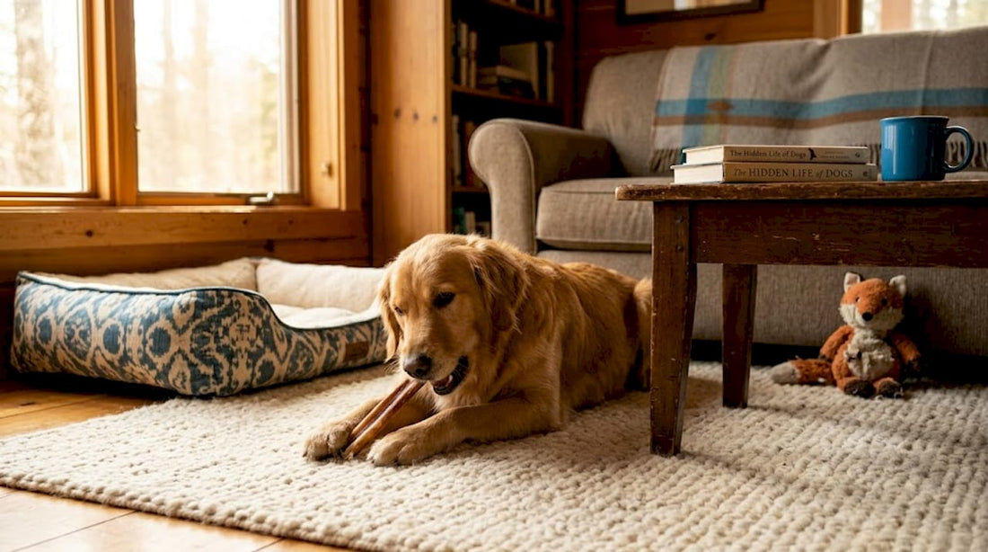 Golden retriever chewing bully stick in living room