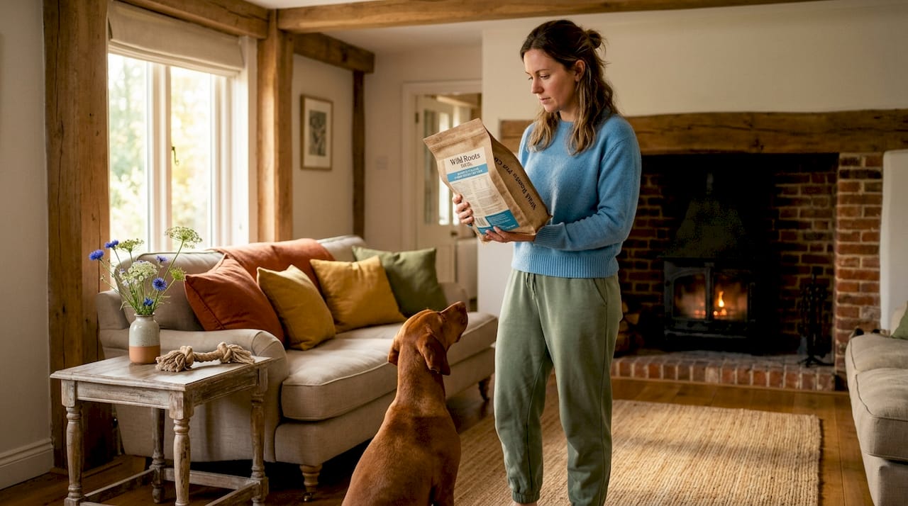 Pet owner reads label on pet food bag
