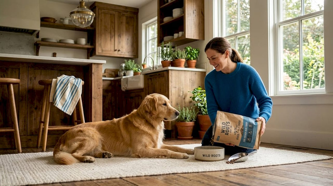 Dog waiting as owner prepares air dried food