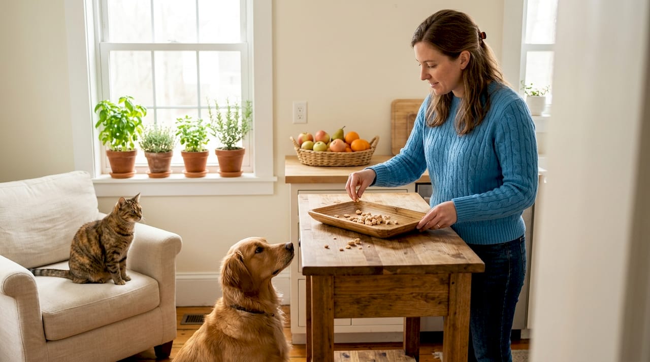 Pet owner serving single ingredient treats in kitchen