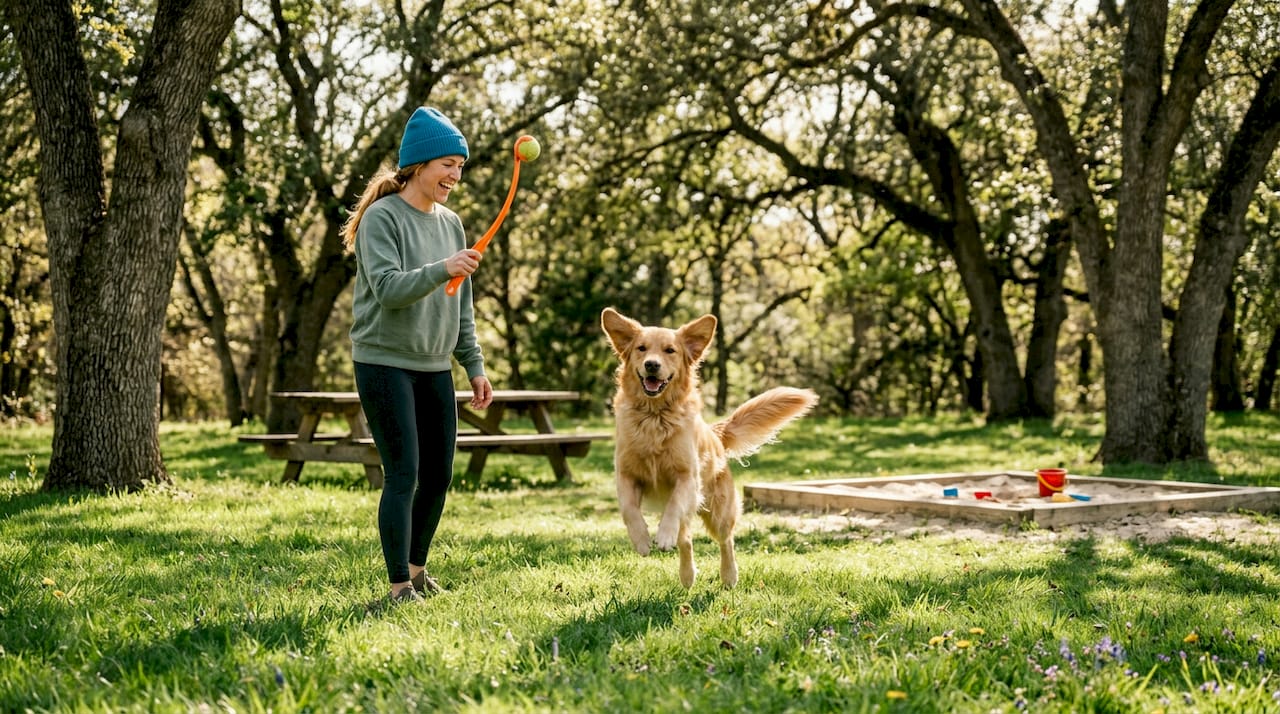 Dog owner playing fetch at park with retriever