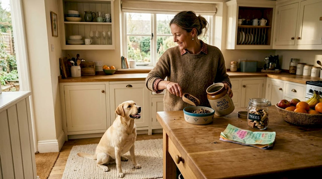 Pet owner pouring non-GMO food in kitchen