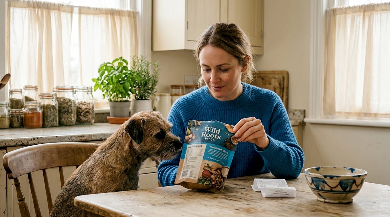 Woman checks pet treat ingredients in kitchen