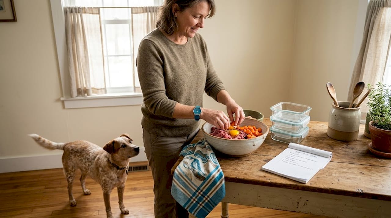 Home kitchen dog owner preparing raw meal