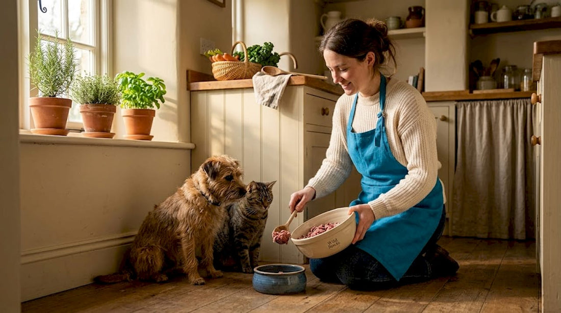 Pet owner preparing food for dog and cat