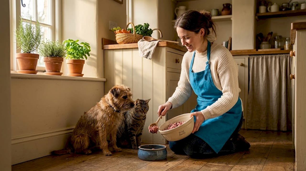 Pet owner preparing food for dog and cat