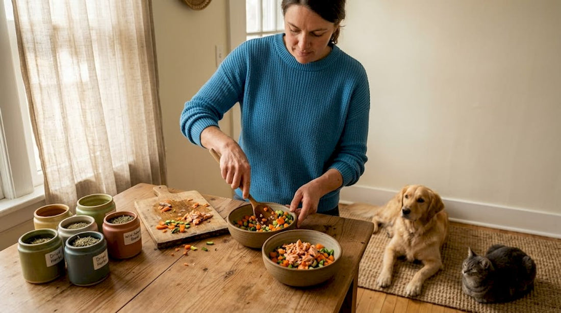 Pet owner prepares superfood meal for pets