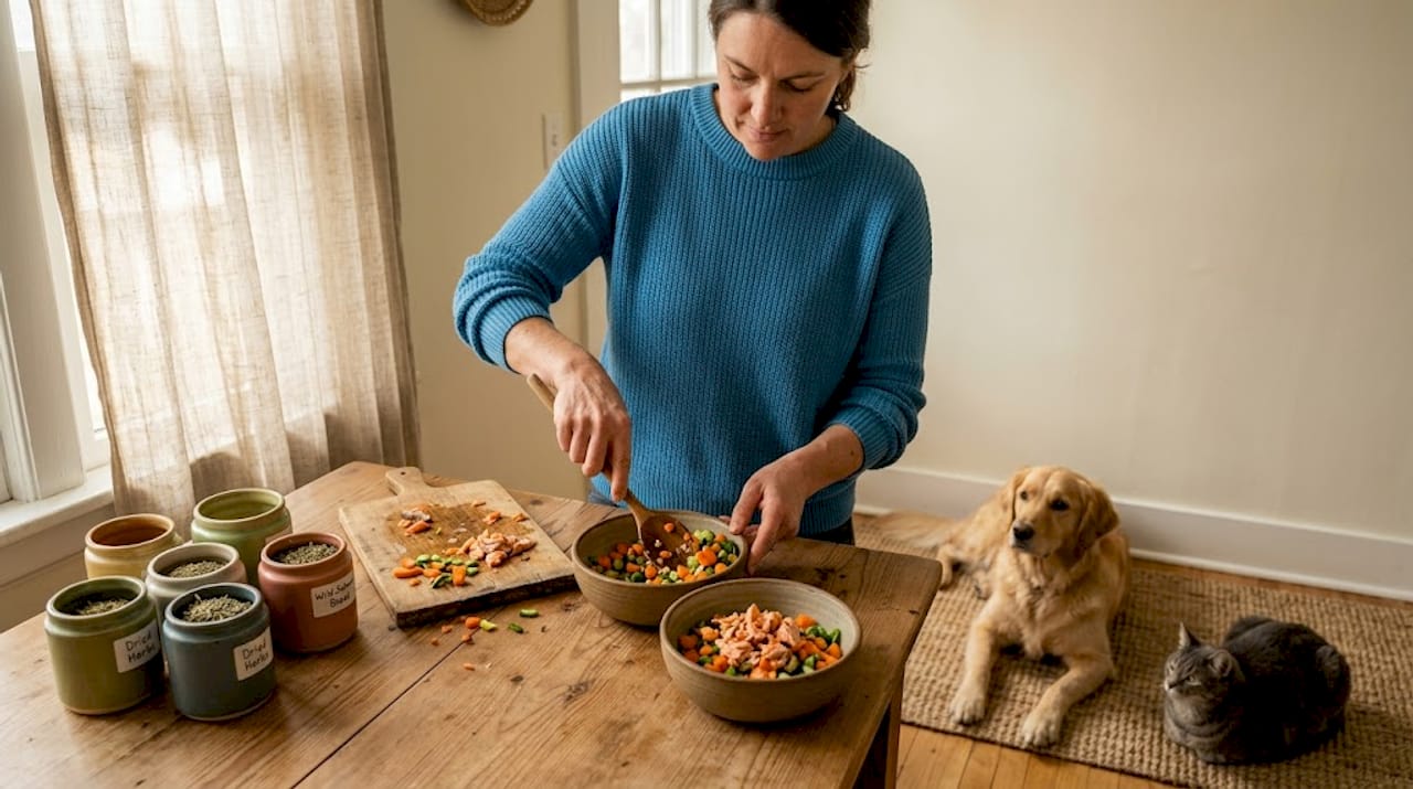 Pet owner prepares superfood meal for pets