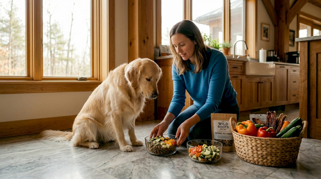 Person preparing natural pet food in kitchen
