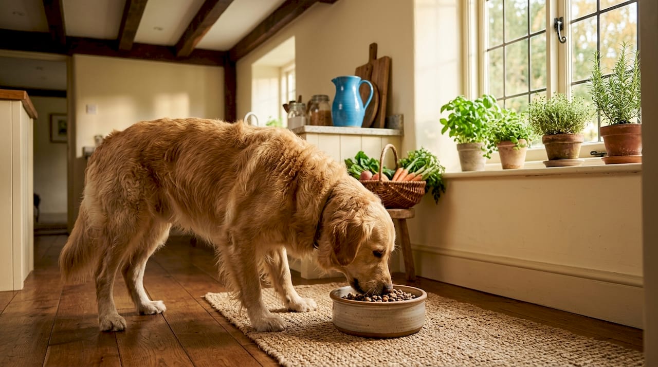 Golden retriever eating premium pet food in kitchen