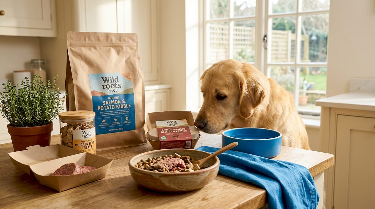 Variety of natural pet food products on kitchen counter