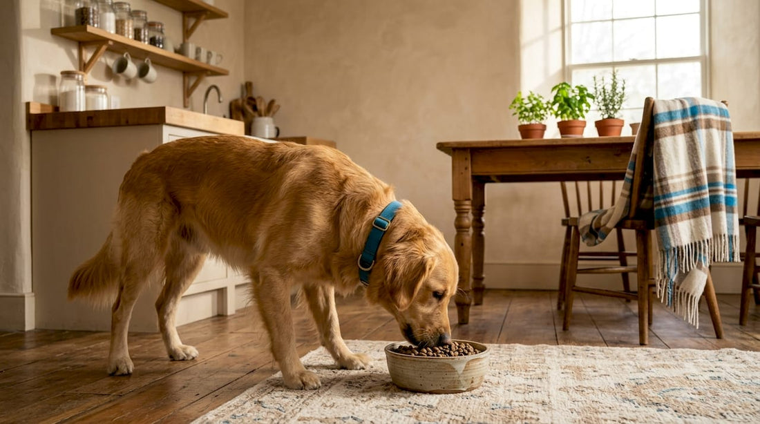 Golden retriever eating cold pressed dog food in kitchen
