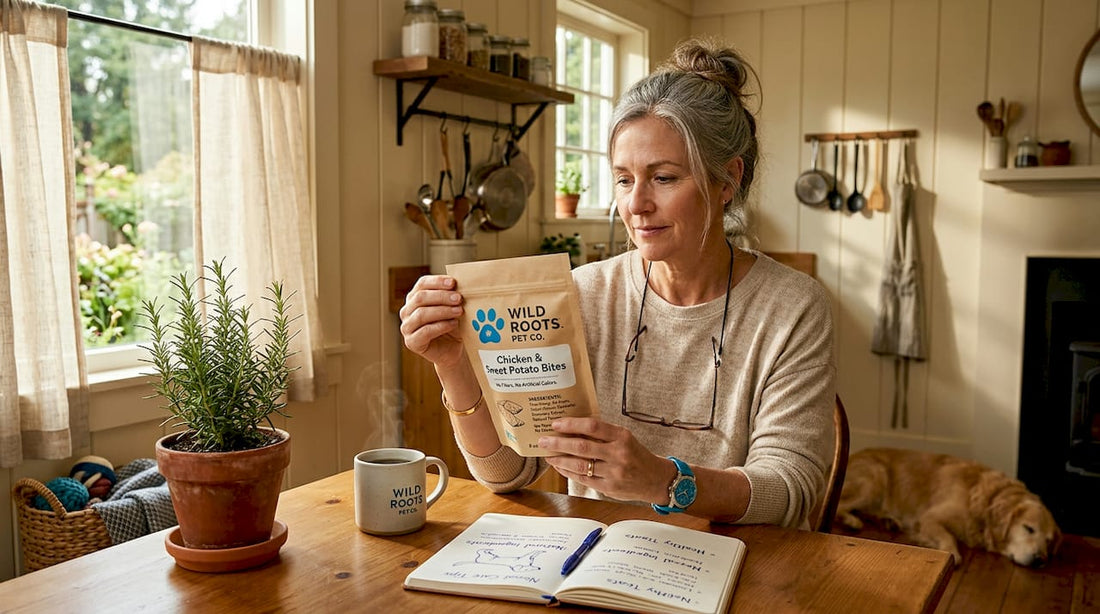 Woman reading pet treat ingredients at kitchen table