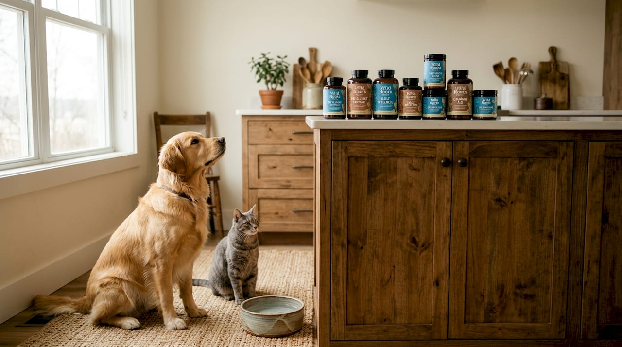 Pet supplements with dog and cat in kitchen