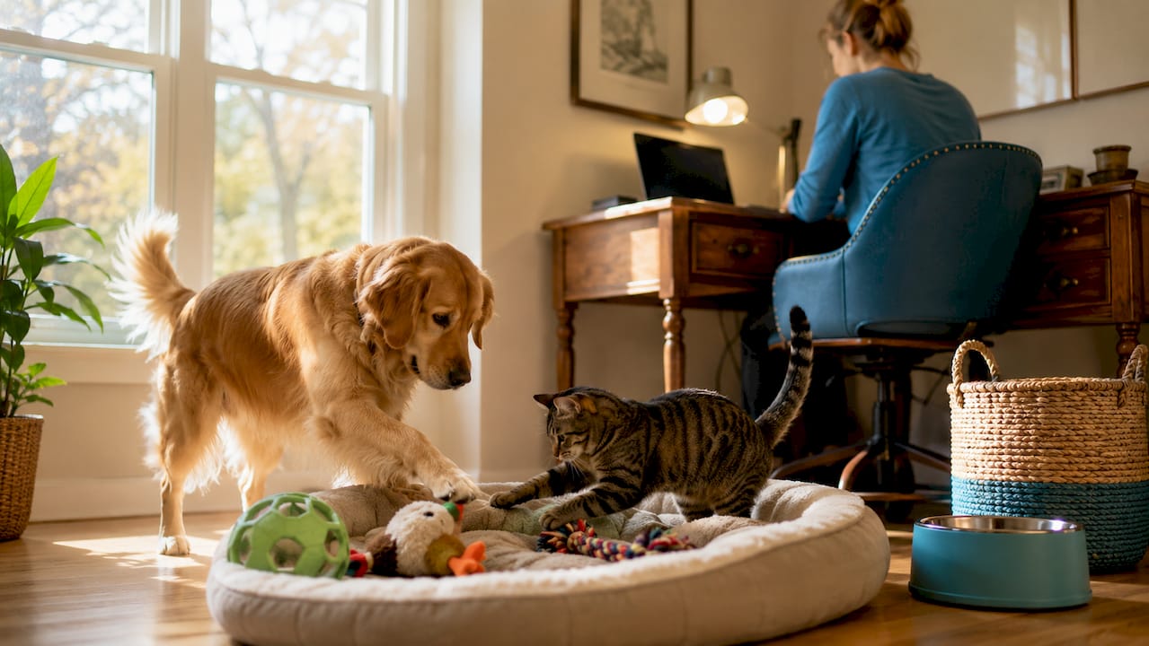 Golden retriever and cat with safe pet toys in living room