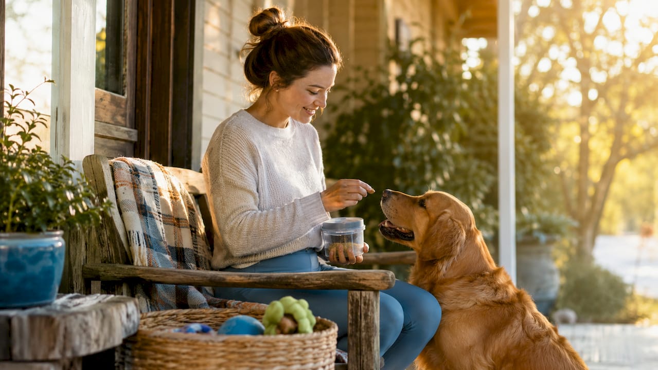 Person giving treat to dog at home