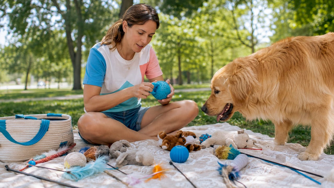 Woman inspecting quality dog and cat toys at kitchen table
