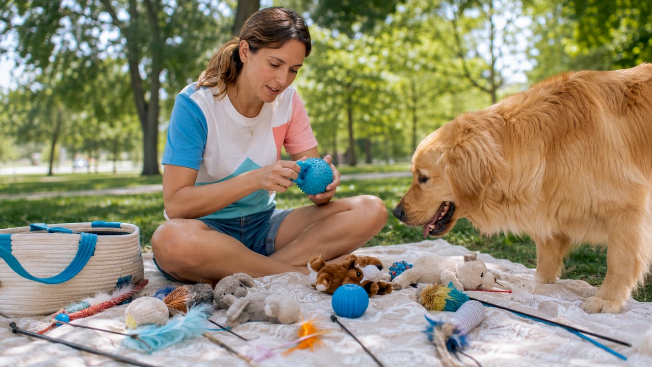 Woman inspecting quality dog and cat toys at kitchen table