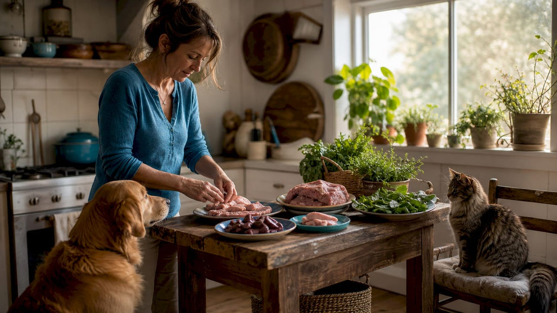 Woman preparing species-appropriate pet food in kitchen