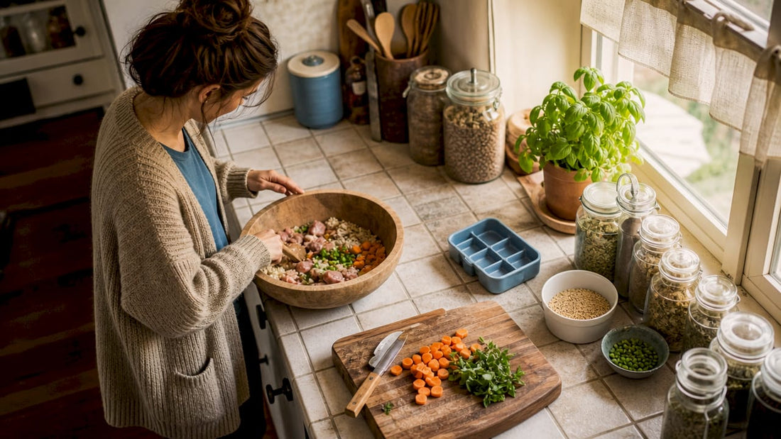 Woman preparing holistic dog food in kitchen