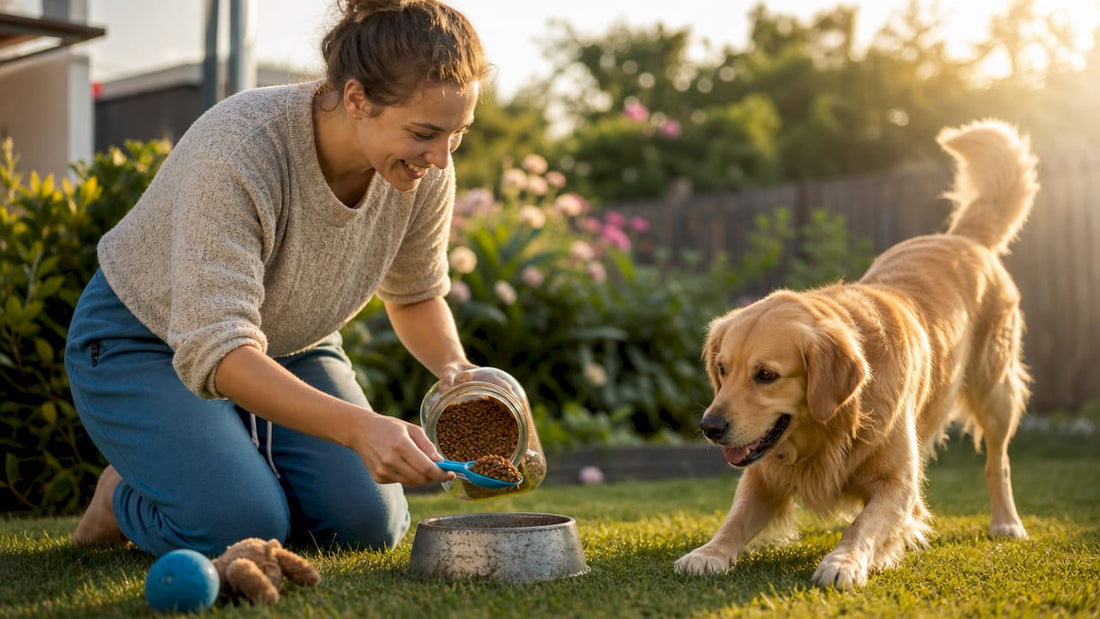 Person feeding dog natural pet food in kitchen