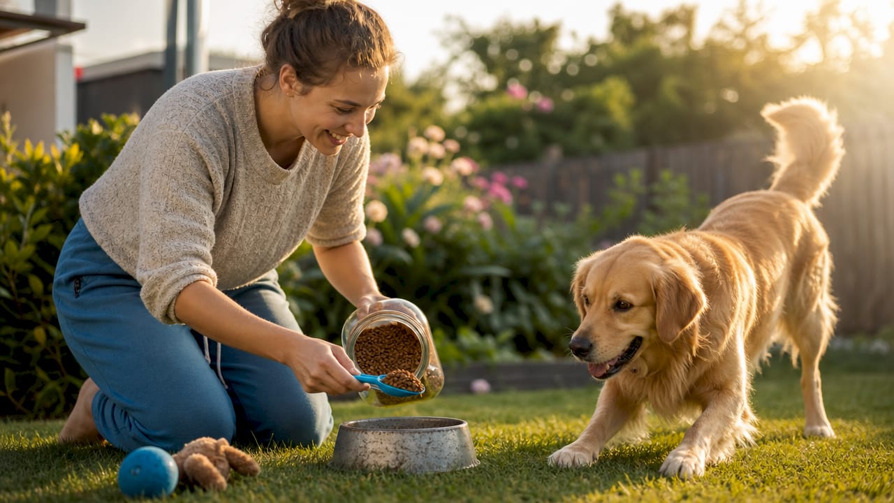 Person feeding dog natural pet food in kitchen