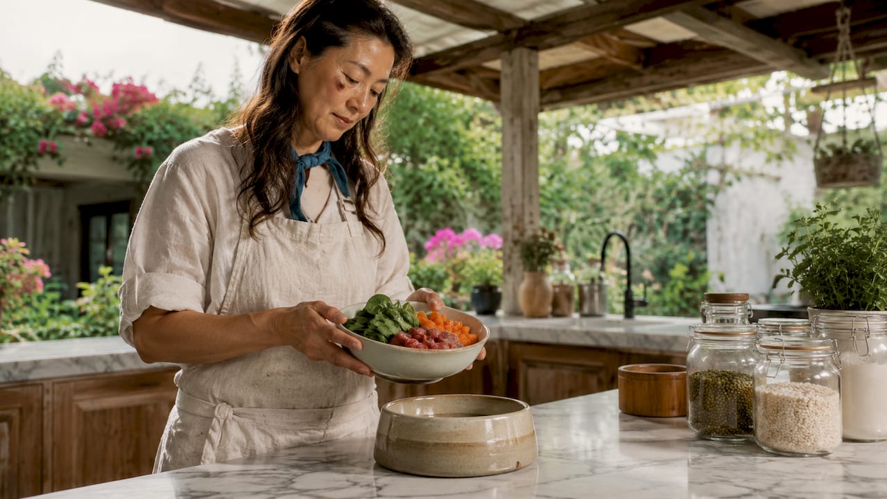 Owner preparing allergen-free pet meal in kitchen
