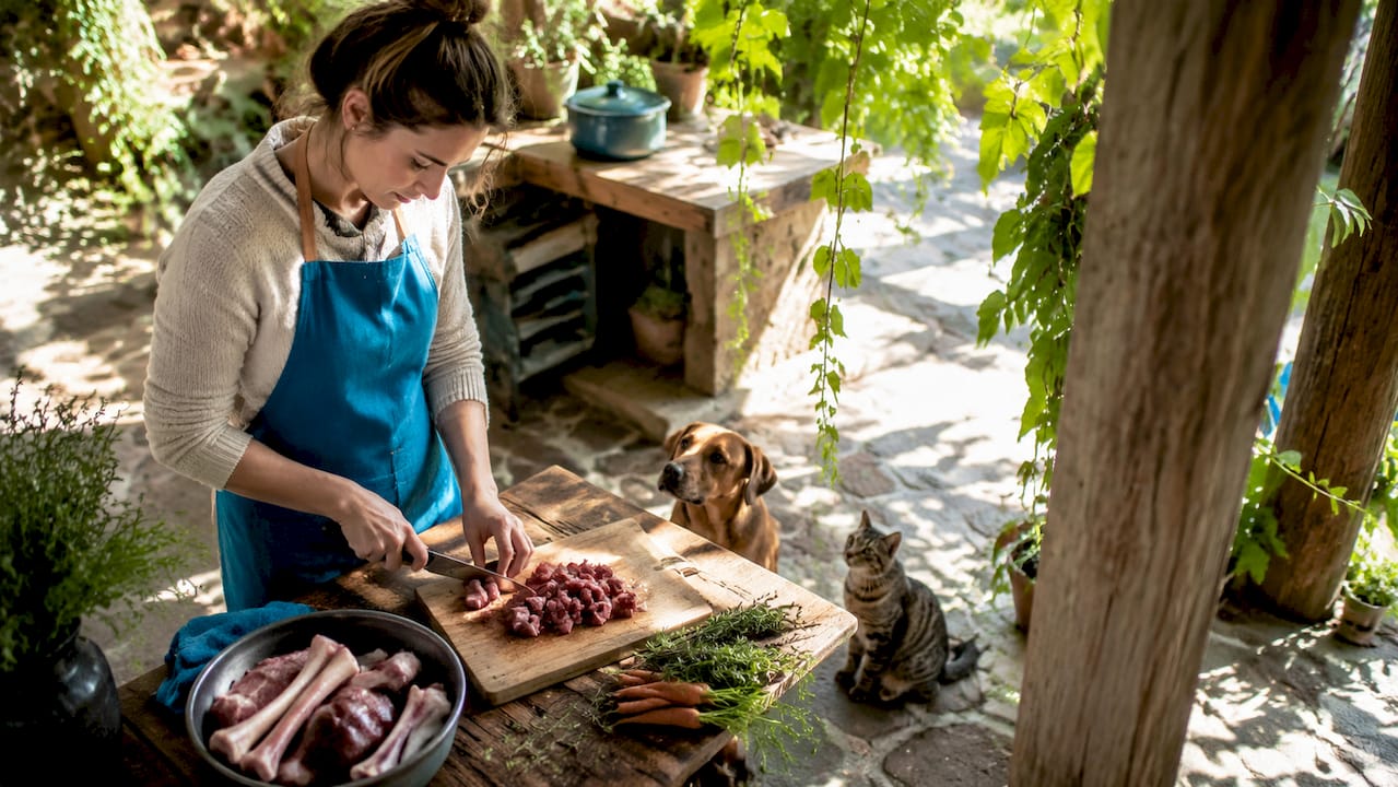 Woman preparing raw food for pets in kitchen