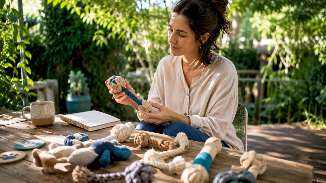Woman inspecting various pet toys at home table