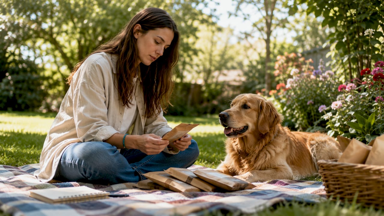 Woman reading pet treat labels with dog nearby
