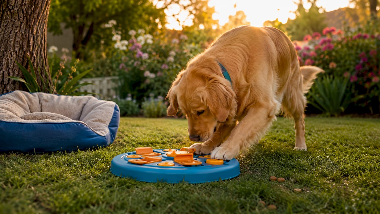 Golden retriever playing with puzzle dog toy