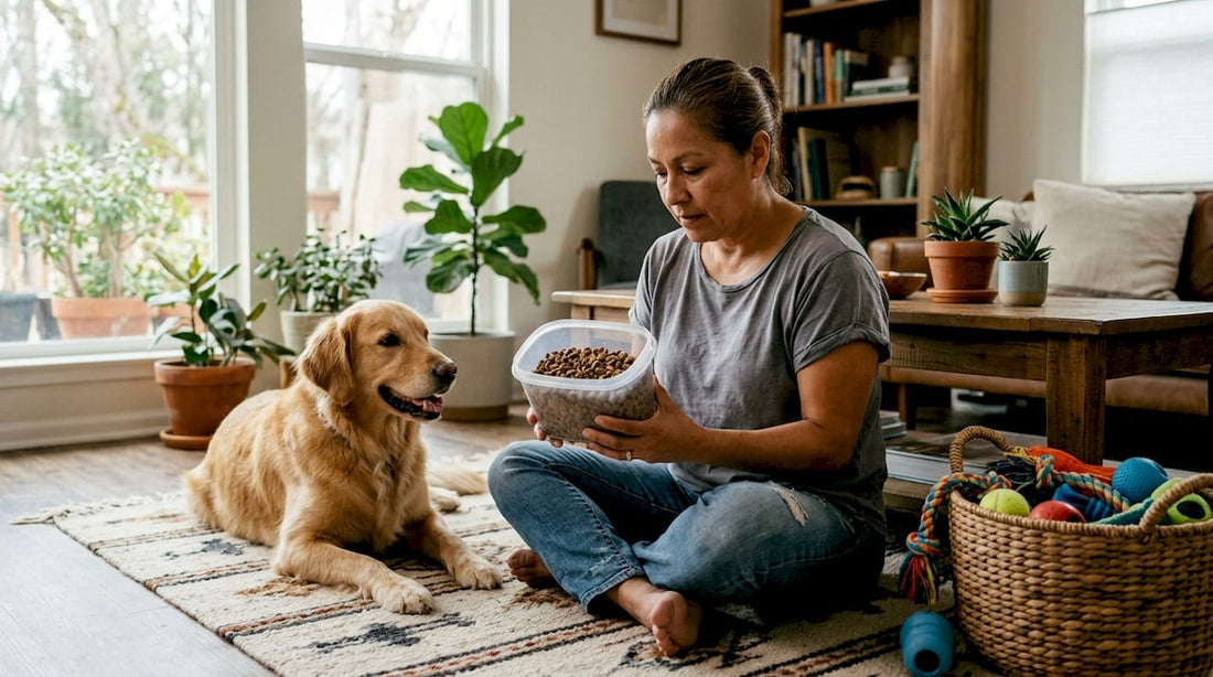 Woman inspecting high-meat dog food in kitchen