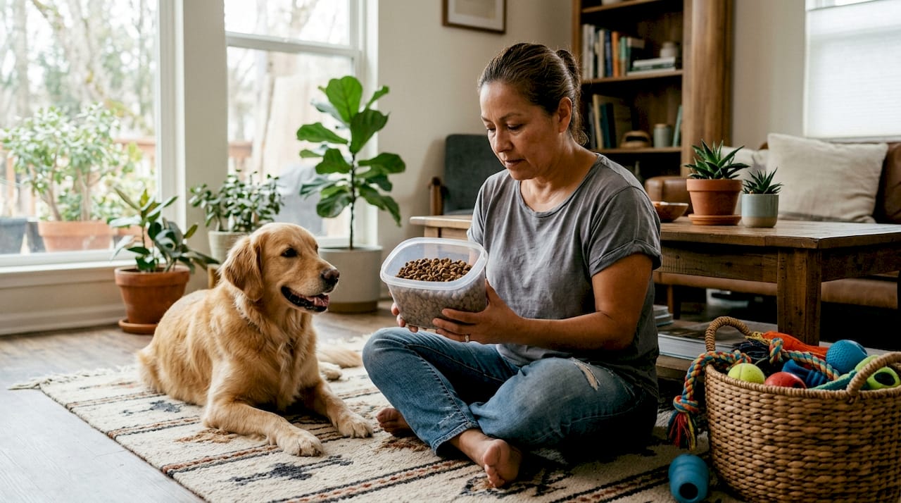 Woman inspecting high-meat dog food in kitchen