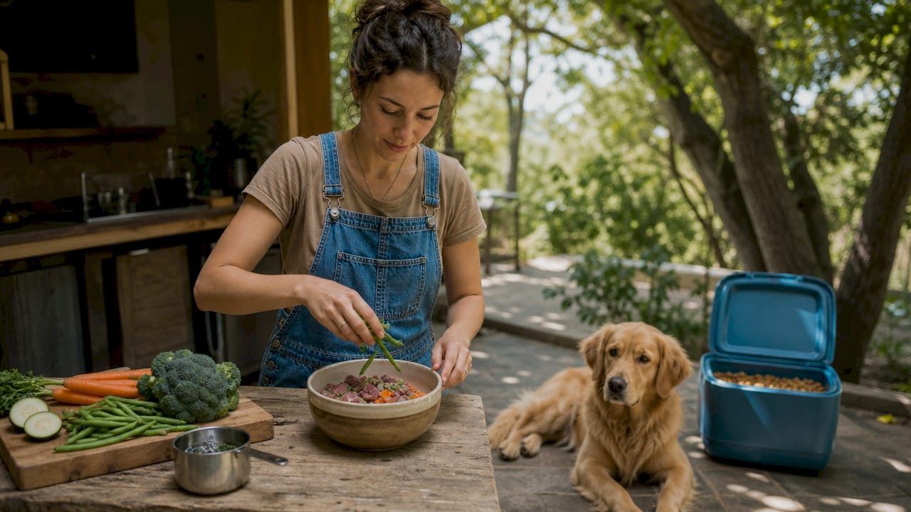 Pet owner preparing fresh pet food in kitchen