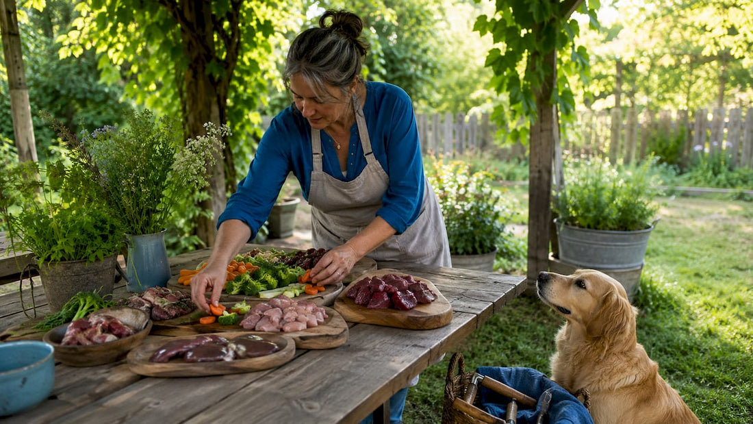 Person preparing BARF raw food for dog in kitchen
