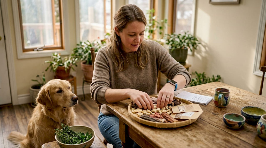 Pet owner arranging natural pet treats on tray